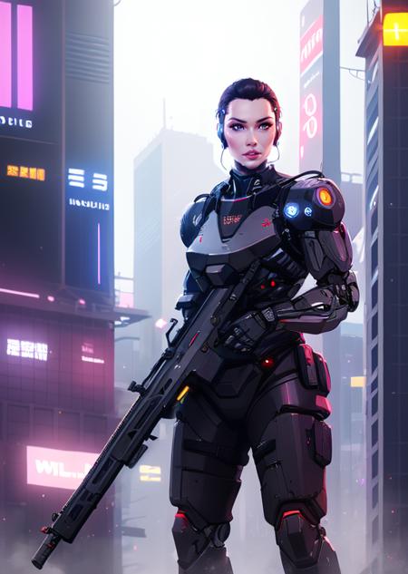 masterpiece, best quality, detailed lips, detailed face, detailed skin, 1girl, science fiction, power armor, short hair, assault rifle, holding weapon, aiming, cyborg, cyberpunk, neon light, n <lyco:gunsLoHatry3-000025:0.7>