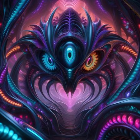 high quality, best quality, masterpiece, DonMX3n0XL, abstract, fractal, neon lights, organic, biomechanical, eyes