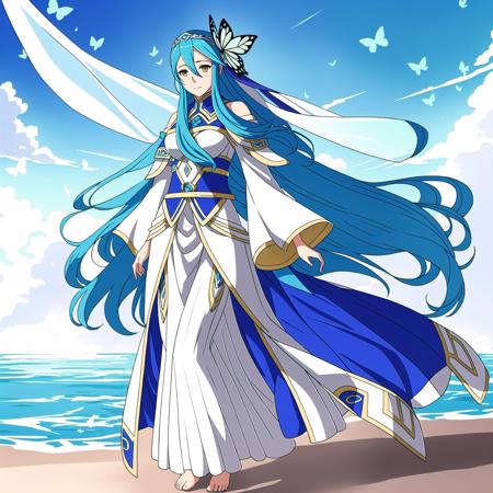 FEH, FEH-Style, Fire Emblem, Fire Emblem Heroes, Azura (Fire Emblem), Azura (Fire Emblem: Heroes), 1girl, solo, long hair, aged down, azura (fire emblem), butterfly, bug, veil, yellow eyes, barefoot, blue hair, very long hair, full body, jewelry, hair between eyes, dress, anklet, standing, looking at viewer, pants, white dress, gloves, ribbon, detached sleeves, closed mouth, blue ribbon, blue butterfly, fingerless gloves