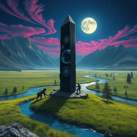 hi resolution, photorealistic, 24mm wide-angle lens. a vast grassy plain, with occasional clusters of trees, is bisected by a clear, blue river, spreading into the distance. In the foreground a tall black crystal monolith stands on a rocky outcrop from its surface mysterious and arcane glowing symbols can be seen swirling within the crystal, at its base a small ape-like creature tentatively reaches out to touch it. In the background on the horizon, tall jagged mountain peaks rise against an inky blue, star studded sky with magenta cirrus clouds, in which a bright moon shines illuminating this momentous scene