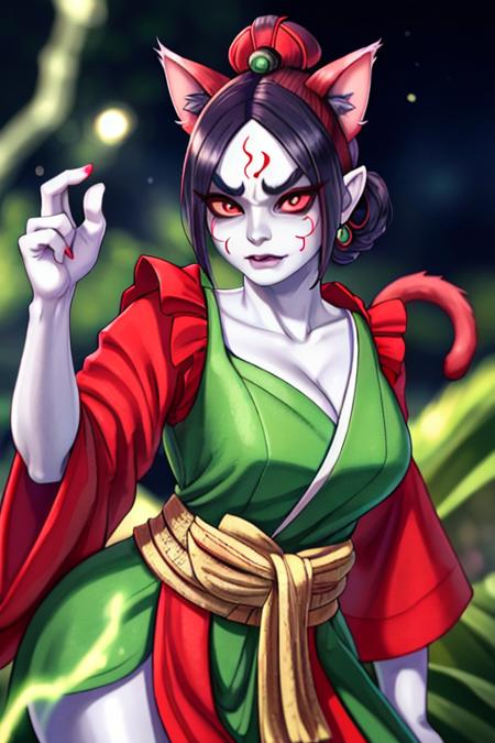 A old slutty Yokai woman, chiseled facial features with colored skin, cat-like red eyes with thick eyebrows, a full nose and sculpted cheekbones, thin lips and strong jawline, with  pupils and irate expression, wearing open green couture outfit, subsurface scattering, ray traced, depth of field, bokeh, god rays, vivid colors, cinematic hard lighting, realistic shadows, detailed textures