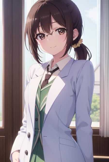 rikashiguma, <lora:rika shiguma s2-lora-nochekaiser:1>,
rika shiguma, brown hair, (brown eyes:1.3), ponytail, glasses, scrunchie, yellow scrunchie, smile,
BREAK school uniform, necktie, labcoat,
BREAK indoors, classroom,
BREAK looking at viewer, (cowboy shot:1.5),
BREAK <lyco:GoodHands-beta2:1>, (masterpiece:1.2), best quality, high resolution, unity 8k wallpaper, (illustration:0.8), (beautiful detailed eyes:1.6), extremely detailed face, perfect lighting, extremely detailed CG, (perfect hands, perfect anatomy),