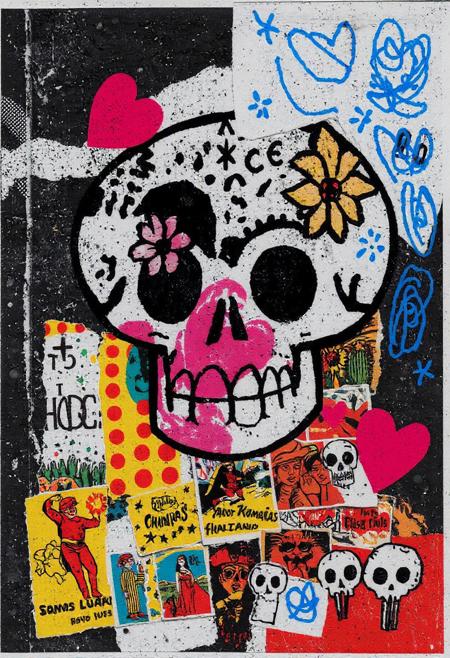 in the style of jon-contino
A pop art style mixed media collage artwork. Deconstructed, provocative, surreal, intense and chaotic composition. Street art textures, overlapping layers and vibrant retro colours. ((No text))
A punk stencil photocopy print of a magazine image of a sugar skull with flowers. Print errors, halftone dots. grungy print registration errors.
Overlaying this are multiple layers of Mexican imagery, hand-drawn shapes and patterns, bold paint splashes, and chaotic vintage magazine picture cutouts and clippings. Partially covering this, these break up the outline. Next are layered sections of repetitive brightly coloured dots are spraypainted in Yayoi Kusama style - smears and spray. 
Torn vintage holiday postcards of luchadors, cactus and sugar skulls are glued to the layers. These partially hide sections of the images below. On the top layer are rough hand-drawn shapes, abstract patterns and love hearts scrawled heavy-handedly in blue biro.