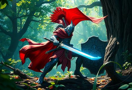 expert An intricate A vibrant blue and green Abyss Warrior with a flowing red cape stands dynamically in a verdant forest, ready for battle. Sword gleams in dappled sunlight, shield raised. Forest floor of leaves & twigs, rough tree trunk background. Epic composition, powerful action pose, dramatic lighting. Splash Ink Illustration, Octane Render, Unreal Engine 5, cinematic, trending on Artstation. High detail, stunning colors.