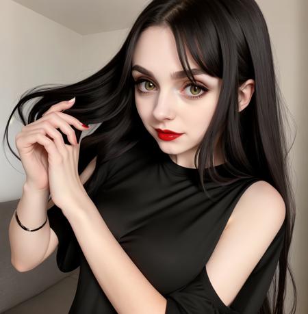 The vampire girl's lips , in dress black T-shirt. They may be naturally full and have a delicate, enticing shape. While her lips can appear soft and inviting, they may also reveal the hint of her sharp fangs when she reveals her true nature.