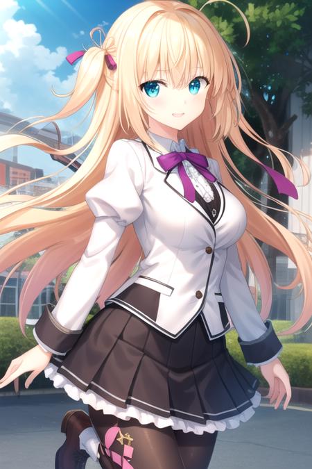 Sakurakouji Tsukuyomi ahoge,very long hair,blonde hair,one side up,hair intakes,purple hair ribbon,floating hair,hair between eyes,bangs,aqua eyes school uniform,(white jacket),suit jacket,wing collar,pink neck ribbon,white shirt,collared shirt,center frills,large breasts,underbust,juliet sleeves,puffy sleeves,long sleeves,shirt tucked in,black skirt,pleated skirt,plaid skirt,frilled skirt,black pantyhose,argyle legwear,boots