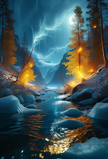 (ultra high res:1.4), (masterpiece), (beautiful lighting:1.4) , Greenland  ice and snow, Greenland river, icy  water, forest,   magic, great magic, Greenland, lightning, dark night moonlight illuminates the icy water, , lthndrtrl, (deep underwater), anime, half above water and half below water , (clear underwater), night sky, bright moon, lightning,  depth, GhostlyStyle, made of golden and blue and red and yellow and purple lightning thunder trails, power, fire,