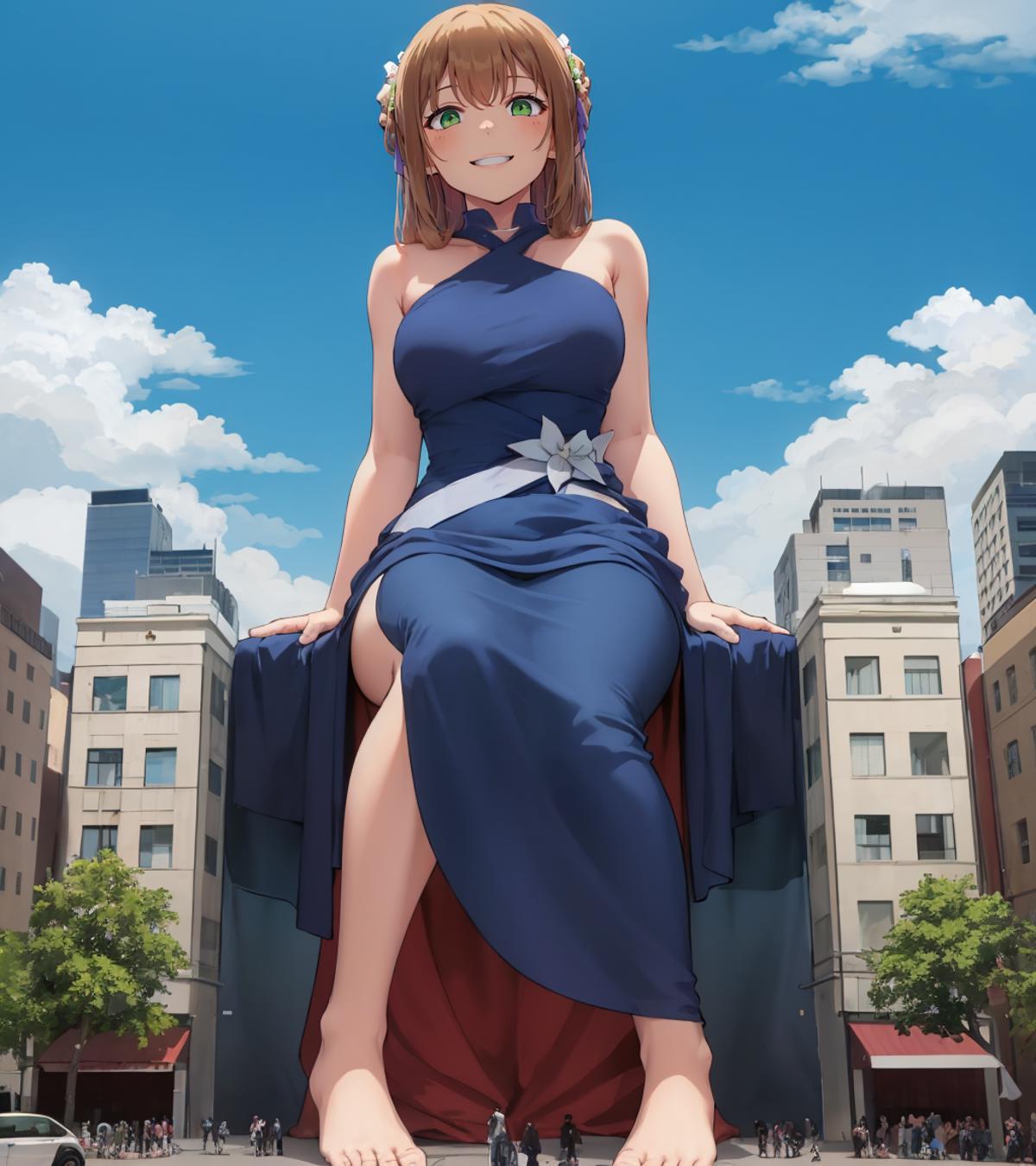 Anime character sitting on a statue in a blue dress.