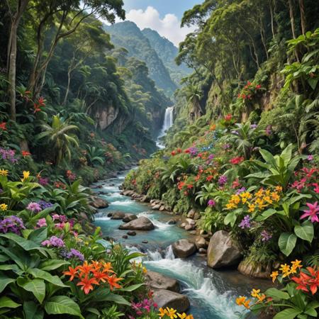 photo, realistic, jungle, river flows down the hill, flowers, extremely detailed, colorful, bright colors, 