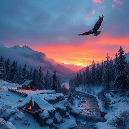 sunrise over a mountainside campsite, medieval, dungeons and dragons, snow and ice, pine forests, frozen rivers and waterfalls, distant eagle flying