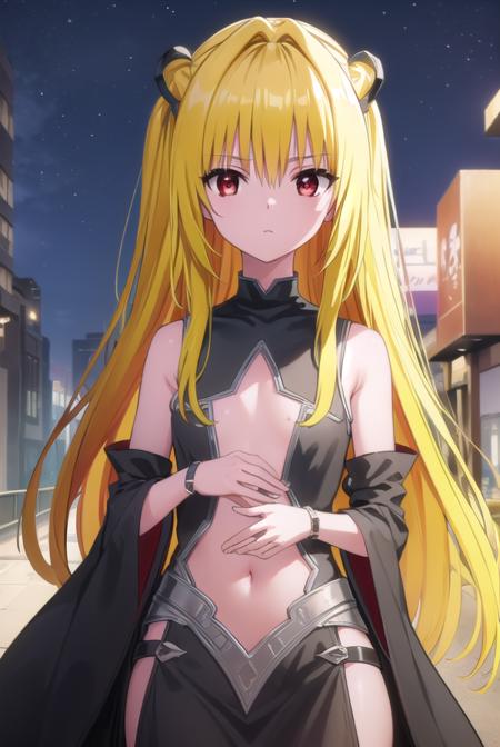 toloveruyami, <lyco:yami darkness-lyco-nochekaiser:1>, 
yami, (yellow hair:1.5), long hair, (red eyes:1.5), (hair ornament:1.2), two side up, (small chest:1.2), 
BREAK sleeveless, detached sleeves, dress, black dress, black skirt, clothing cutout, cleavage cutout,
BREAK outdoors, night, sky, star \(sky\), moon,
BREAK looking at viewer, (cowboy shot:1.5),
BREAK <lyco:GoodHands-beta2:1>, (masterpiece:1.2), best quality, high resolution, unity 8k wallpaper, (illustration:0.8), (beautiful detailed eyes:1.6), extremely detailed face, perfect lighting, extremely detailed CG, (perfect hands, perfect anatomy),