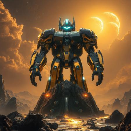 "Epic 3D render of Super Quantal Mech King Great Magnus, a towering mechanoid with obsidian-black armor plates edged in radiant gold, crowned by a polished tungsten-steel head glowing with azure energy visor. Standing in a commanding pose atop a floating monolith on Primeval Planet Perlereino, its stance radiates power as crystalline energy surges from its reactor core. The alien world features colossal bioluminescent geodes, rivers of liquid mercury, and a nebula-streaked sky with twin collapsing stars. Dramatic low-angle shot using Unreal Engine 5 ray tracing, Octane Render hyper-textures, and Raphael-style chiaroscuro lighting. Metallic surfaces reflect holographic storm clouds, while splash ink effects on the terrain blend with Houdini-style particle simulations. 8K resolution, ArtStation-trending composition, golden ratio framing, dominated by solar yellow and void black with chromatic sci-fi accents."