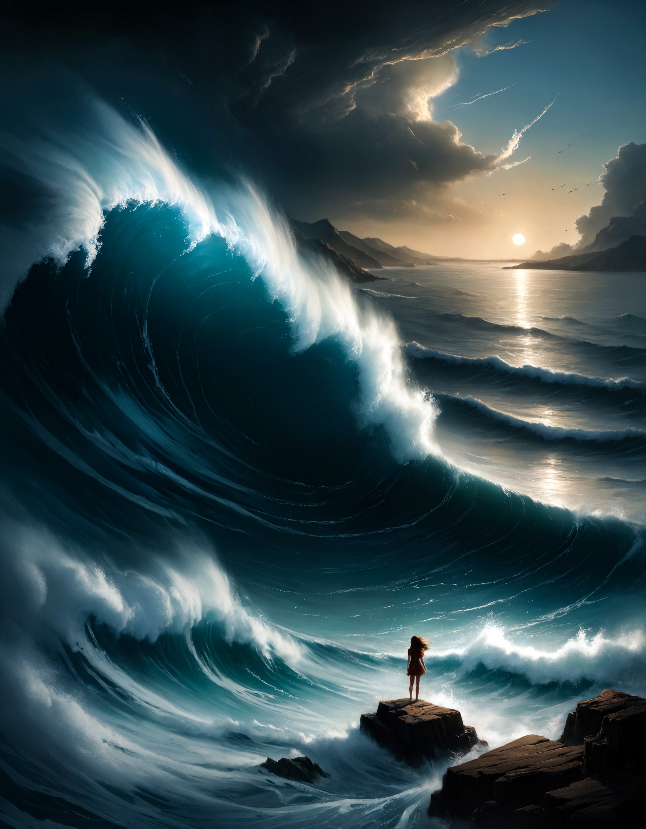 breathtaking oil painting, Standing by the ocean with a comet hitting the ocean, tsunami waves, photorealistic oil paintin...