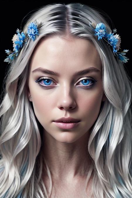 hyper-realistic portrait of a mysterious woman with flowing silver hair, piercing blue eyes, and a delicate floral crown,