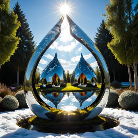 a sculpture garden preserved inside a stationary teardrop of mirrored liquid, statues distorted by the curvature, grass frozen mid-wave, sunbeams entering at sharp angles and splitting into spectrum fragments, tearStyle2