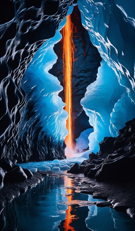 Hot thick lava flowing into a crystal blue ice cave in iceland, heat and steam fill the thick air, a mixture of fire and ice with cracks and liquid lava, (sharp focus:1.2), extremely detailed, (photorealistic:1.4), (RAW image, 8k high resolution:1.2), RAW candid cinema, 16mm, color graded Portra 400 film, ultra realistic, subsurface scattering, ray tracing, (volumetric lighting), extreme contrast, intricate details, reflections on ice, reflections on water, water pouring down