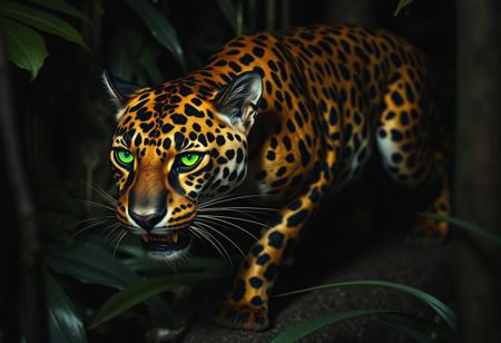 A sinuous and deadly jaguar with a metallic gold and black coat and glowing green cat eyes. She is stalking through a dark tropical jungle with grace and a sense of poised power. Her mouth is slightly open and shows her strong, sharp fangs. The shadows in the forest serve to highlight the gleaming colours of her fur.