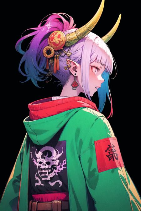 oniNFT, horns, jewelry, earrings, dragon, solo, black background, eastern dragon, jacket, upper body, multicolored hair, simple background, pointy ears, from behind, purple jacket, ear piercing, red hair, 1girl, white hair, teeth, long hair <lora:oniNFT-block:1>