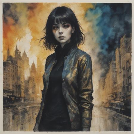 Charcoal and paint, impressionistic bidimensional a biracial goth girl, dressed in playful colours instead of black, superhero action pose by an eruption of spirits, watercolor (monet:1.2) dadaistic collage (by Bill Sienkiewicz:1.5), night city. Beautiful face. resplendent spotlight effect, alcohol and gold leaf highlights. Very detailed.