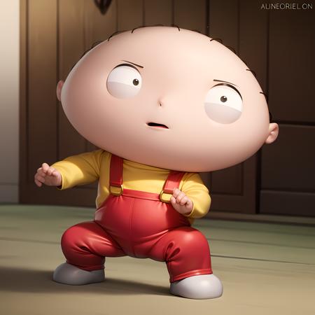 ((masterpiece, best quality)),(complex light), 1boy, solo, baby, stewie griffin, <lora:Stewie_Griffin1-10:0.6>, yellow shirt, red overalls, fighting stance,