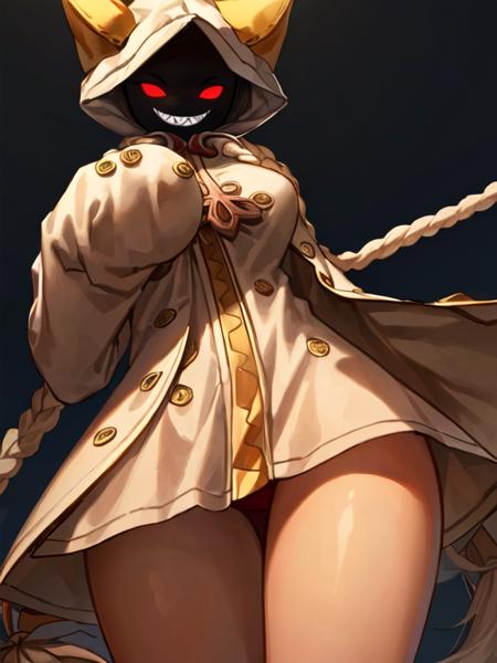 (masterpiece, best quality, high resolution, unity 8k wallpaper, extremely detailed CG:1.2), (illustration:1.0), perfect lighting, cowboy shot, 1girl, taokakams, hood, ((dark skin, dark-skinned female)), faceless,   animal hood, cat hood , hoodie, red eyes, grin, <lora:TaokakaMS:1>