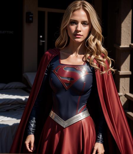 supergirl, hair blonde, skirt red, cape red, (Realistic),masterpiece,best quality,cinematic lighting,natural shadow,looking at viewer,Raw photo,8k,uhd,dslr,soft,lighting,high quality,film
grain,hyperrealismus,hyperrealistic,Atmospheric,Realistic Skin Texture,realistic hair details,ultra quality,best quality,Hyper Realism,