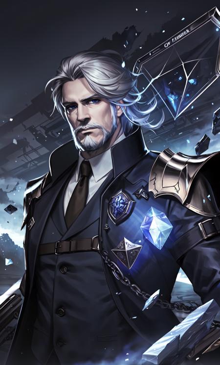 masterpiece,best quality,highres,1boy,<lora:ShadowverseVincentV3:0.75>,old,dark blue suit,armor,floating crystals,rocks,shattered buildings,ruins,fog,magic,runes,aura,looking at viewer,cool face,expressionless,beard