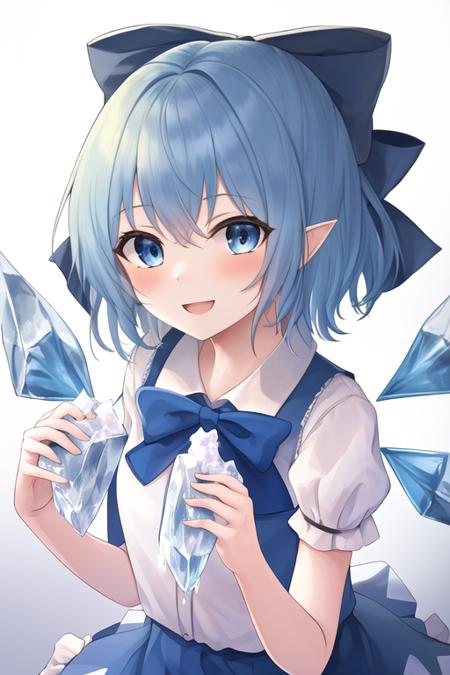 masterpiece, best quality, highres, solo, {cirno_touhou:1.10}, blue_hair, bow, hair_bow, short_hair, ice_wings, wings, ice, blue_bow, blue_eyes, bangs, blush, smile, open_mouth, hair_between_eyes, ribbon