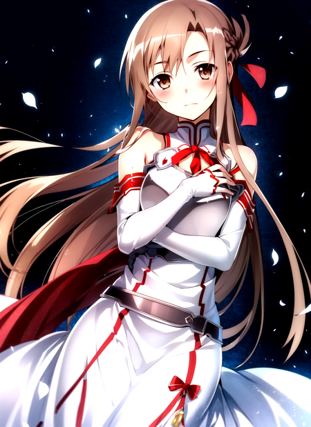 bunbun <lora:bunbun_offset:1>, masterpiece, best quality, asuna \(sao\), 1girl, armor, bare shoulders, blush, breastplate, brown eyes, brown hair, dress, knights of blood uniform \(sao\), lambent light, long hair, looking at viewer, red ribbon, ribbon, sheath, very long hair white armor, white dress