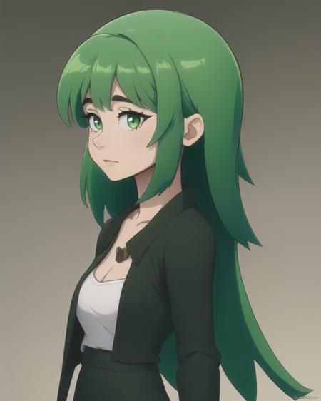 1girl, green hair, standing, <lora:osoruThick:1>, masterpiece, best quality,