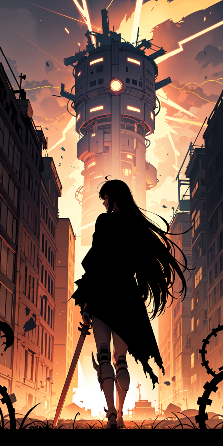 1girl, black hoodie, disheveled hair, messy hair, headphones, from behind, (silhouette), cyborg, extra long hair, floating hair, absurdly long hair, (energy sword:1.3), glowing, walking, holding energy sword, dead buildings, monster facing huge monster, colossal broken cyborg, ruins, broken, destroyed cyborg, leaves, tentacles, monster, horrid creature, (mechanical), (worm), eldritch abomination, broken buildings, orange sky, clouds, smoke, vines, foliage around buildings, huge vines, leaves, post-apocalypse, ruins, light flare, solar flare, lens flare, light particles