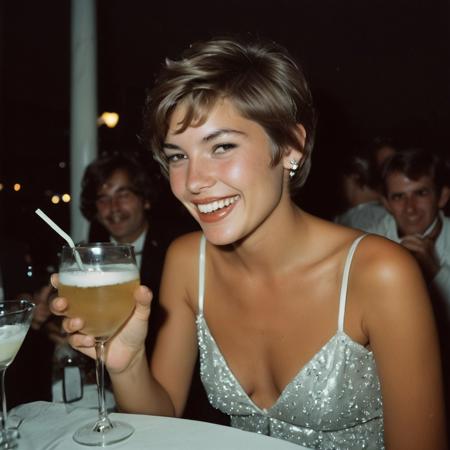 LaunaWhite short hair, pixie haircut, candid photo, drunk, downblouse, laughing, holding cocktail, film grain, traditional media, blurry, face, (polaroid), 1970's hairdo, cleavage:1.9, formal hairstyle, flirty, parted lips, (looking at viewer), (shiny brown hair)