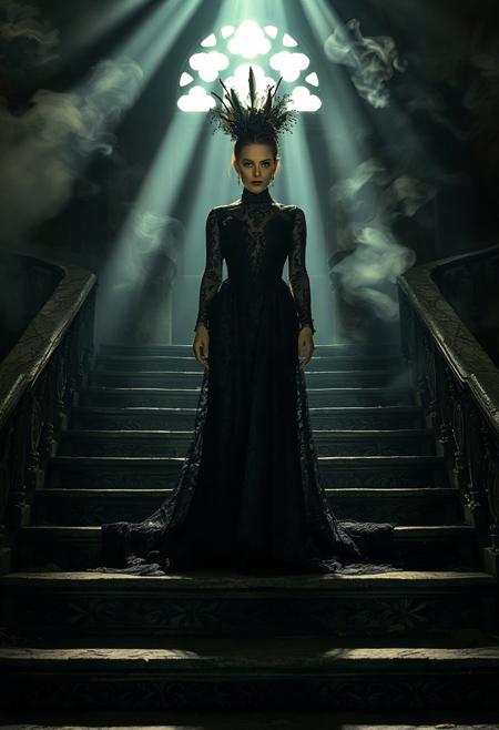 A woman with an air of regality and slight menace stands on the steps leading to what appears as if it were once a grand, opulent manor house now in decay. The setting is shrouded by thick swirling mist that seems almost alive—like remnants from another time. Her black lace gown flows dramatically around her form—as though caught between light and shadow—a single beam of dramatic lighting filters through an arched window above casting long shadows on the stone steps with intricate gothic carvings. She wears a complex headpiece adorned in dark velvet that enhances both beauty and unsettling presence. This image is inspired by Kentaro Miura’s visual storytelling—both elegant yet haunting—with cinematic depth, high detail rendering at 8k resolution*