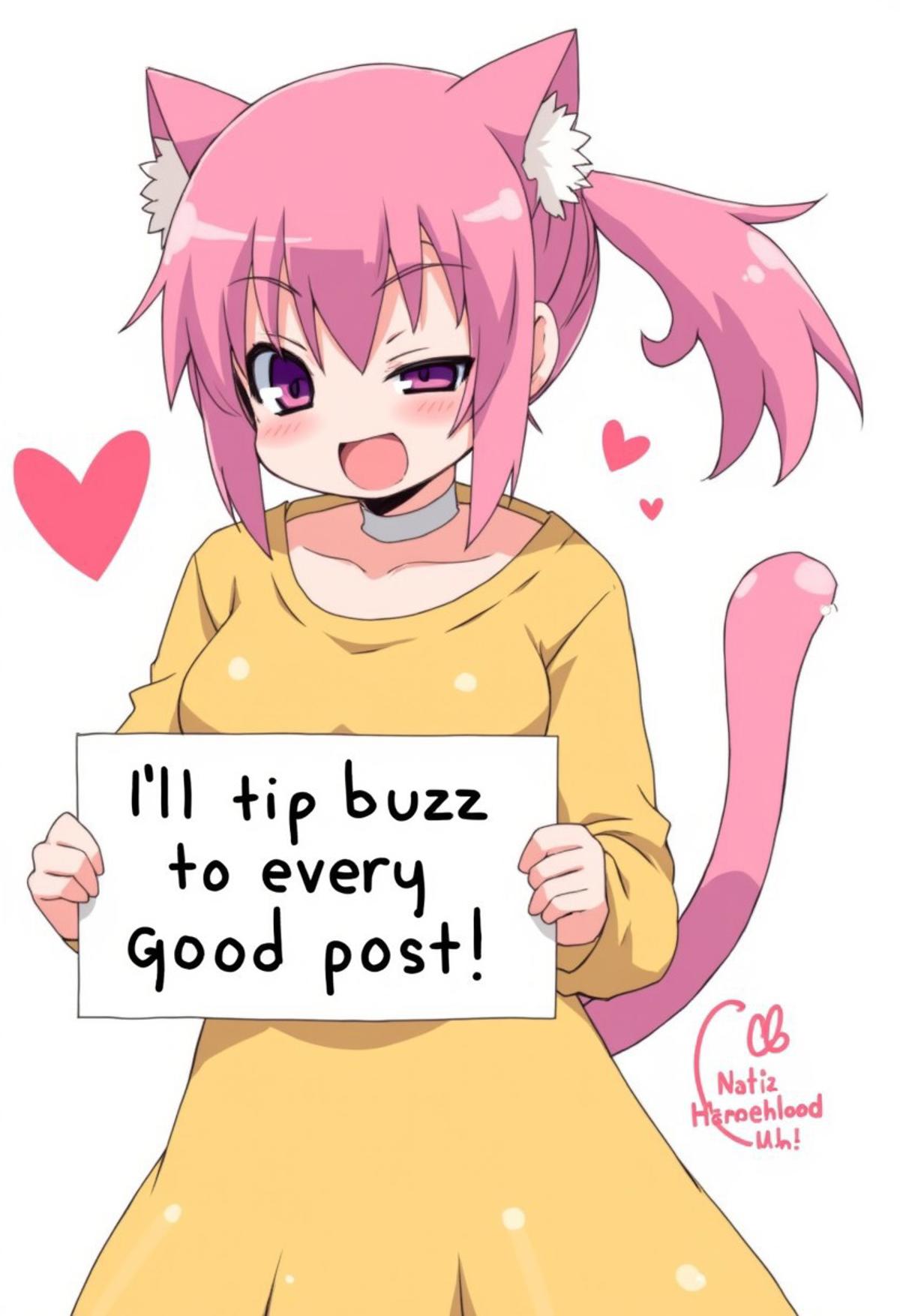 zankuro, medium breasts, smile, deathlock-san, 1girl, short hair, pink hair, cat ears, ponytail, yellow dress, upper body, hearts,
holding sign that says "I'll tip buzz to every good post"