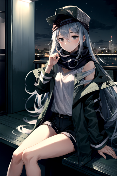 <lora:g11:0.9>, long hair, grey hair, hair between eyes, open clothes, jacket, shirt, shorts, scarf, hat, city skyline, night sky, sleepy, tired, (best quality, masterpiece:1.4), 1girl