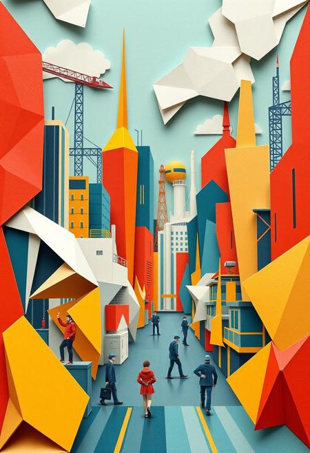 An intricate origami style illustration, depicting a graceful and elegant Pop Art and Futurism scene with geometric precision and a folded paper look, featuring dynamic energy, fragmented forms, motion and rhythm, abstracted figures with fluid continuity, angular shapes and overlapping planes, showcasing industrial progress and urban life in bold compositions and vivid colors.