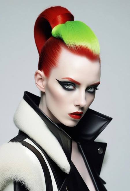 This is a high-fashion photograph featuring a striking, avant-garde model. The subject is a woman with a pale skin tone and a striking, androgynous appearance. She has a high forehead and sharp, angular facial features, with bold, dramatic eye makeup that accentuates her eyes. Her hair is styled in an extremely dramatic, avant-garde fashion, with neon green and black hair extensions that stand straight up, resembling a mohawk, creating a striking contrast against her pale skin. The image is a high-resolution photograph featuring a person dressed in an avant-garde, fashion-forward outfit. The subject is a person with a striking appearance, likely a performer or model, standing against a plain white background. They are wearing a unique, textured jacket made to resemble a blend of fur and leather, with a mix of brown and white fur-like material covering the torso and arms. This is a high-fashion photograph featuring a young woman with striking, avant-garde styling. She has a pale complexion and her hair is styled in an extremely modern, dramatic fashion. Her hair is pulled back into a sleek, high ponytail, but the most distinctive feature is the vibrant, bright red hair extensions that extend outwards in a dramatic, angular shape, resembling a futuristic, neon sculpture. The extensions are long and pointed, adding a striking contrast against her natural, dark brown hair.
