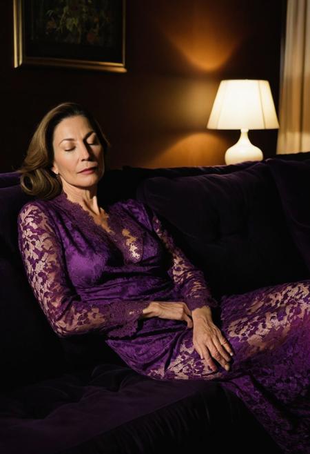 A sneaky long range creepshot covert photography portrait of a beautiful 45yr old Caucasians mother sleep on the sofa at dark dim light living room at midnight taken by amateur paparazzi form the far, {{symmetrical oval face firm mouth highly detailed, enormous breast size, narrow waist thick hips,cherry ass, brunette, tempt}}, {{wearing slighly revealing purple lace nightgown}} {{ at midnight, dim light}}
