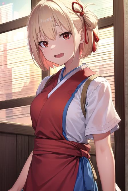 chisatonishikigi, <lyco:chisatonishikigi-lyco-nochekaiser:1>, 
nishikigi chisato, short hair, bangs, blonde hair, (red eyes:1.5), hair ribbon, one side up, bob cut, <lora:smirkingeye_v100:1>, <lora:smirkingmouth_v100:1> open mouth, smile,
BREAK japanese clothes, kimono, apron, red ribbon, waitress, red kimono,
BREAK indoors, cafe,
BREAK looking at viewer, (cowboy shot:1.5),
BREAK <lyco:GoodHands-beta2:1>, (masterpiece:1.2), best quality, high resolution, unity 8k wallpaper, (illustration:0.8), (beautiful detailed eyes:1.6), extremely detailed face, perfect lighting, extremely detailed CG, (perfect hands, perfect anatomy),