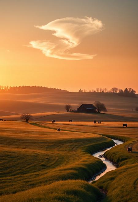 A breathtaking rural scene shot with a Sony A7III using a wide-angle lens, featuring expansive open fields glowing under a pastel sunset sky. The colors range from soft amber to faded mauve, casting a serene light across the land. In the distance, a quaint wooden farmhouse with a red roof is cradled by tree-lined hills. Livestock graze peacefully, their forms blending into the land’s gentle undulations. A narrow stream glistens, winding like a ribbon of light. Hidden within the shadows of trees and the lines of the hills are faintly visible faces, owls, and other enchanted forms, revealed only with focused gaze. The clouds in the sky swirl subtly into the shape of a galloping horse. The image masterfully balances realism with delicate fantasy, inviting the viewer into a world of peaceful illusion and rural charm.