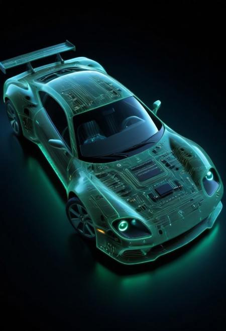 futuristic sports car made of circuit board materials, (aerodynamic body panels with microchip textures:1.4), (neon circuitry running across chassis:1.5), wheels like rotating capacitors, realistic lighting reflections, studio shot with black background, sci-fi automotive design, precision engineering, blue and green LED details, high detail concept art, (TzigoCBS), lazympos, lazyneg, lazyxxx