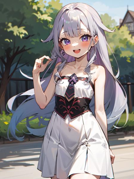 koseki_bijou, hololive, 1girl, solo,
silver_hair, long_hair, purple_eyes, 
cute, short, flat_chest, 
looking_at_viewer, :d, happy, collarbone, 
wide_shot, wide_hips, white_dress, pale_skin, 
outdoors,