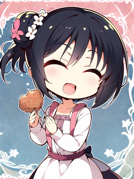 masterpiece, best quality, 1girl, solo, blush, smile, short_hair, open_mouth, black_hair, hair_ornament, closed_eyes, flower, food, hair_flower, hair_bun, chibi, ^_^, <lora:yuzusoft-chibiV2:1>, chibi