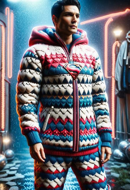 Superman, cinematic, photo, anatomic correct bodies, extremely realistic, lots of detail, full body, hdr, cinematography, raining, epic, night, SilverPulse, fully dressed, p1nk1r1sc4l3s, made out of iridescent scales, nstagram_Influencer_121_By_Stable_Yogi. <lora:coralbugXL:1.6> , coralbugXL, high neck closure, fully dressed, puffer_downsuit, ChristmasSweater, Clothes have Superman Sweater pattern.