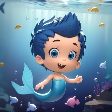 Gil short hair blue eyes blue hair chibi merman underwater