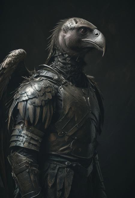 a vulture-man in iron armour, black wings, studio background, high-contrast palette, subtle grain, cinematic quality, modern art photograph, looking at viewer