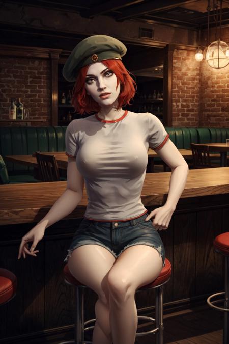 <lora:damsel-10:0.6>, damselVTMB_soul3142, nightclub, bar, sitting, red hair, short hair, beret, pale skin,  <lora:add_detail:0.5>