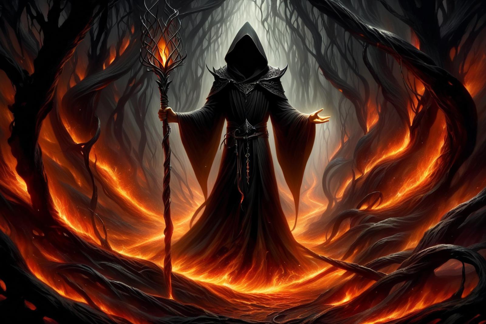 A Wizard with a staff standing on a fiery surface.