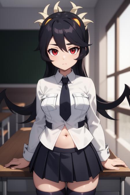 masterpiece, best quality, highres, fskull, navel, red eyes, prehensile hair, extra mouth, school uniform, white shirt, necktie, pleated skirt, black thighhighs, zettai ryouiki, cowboy shot, classroom, expressionless, closed mouth, arms at sides<lora:Filia-15:1>