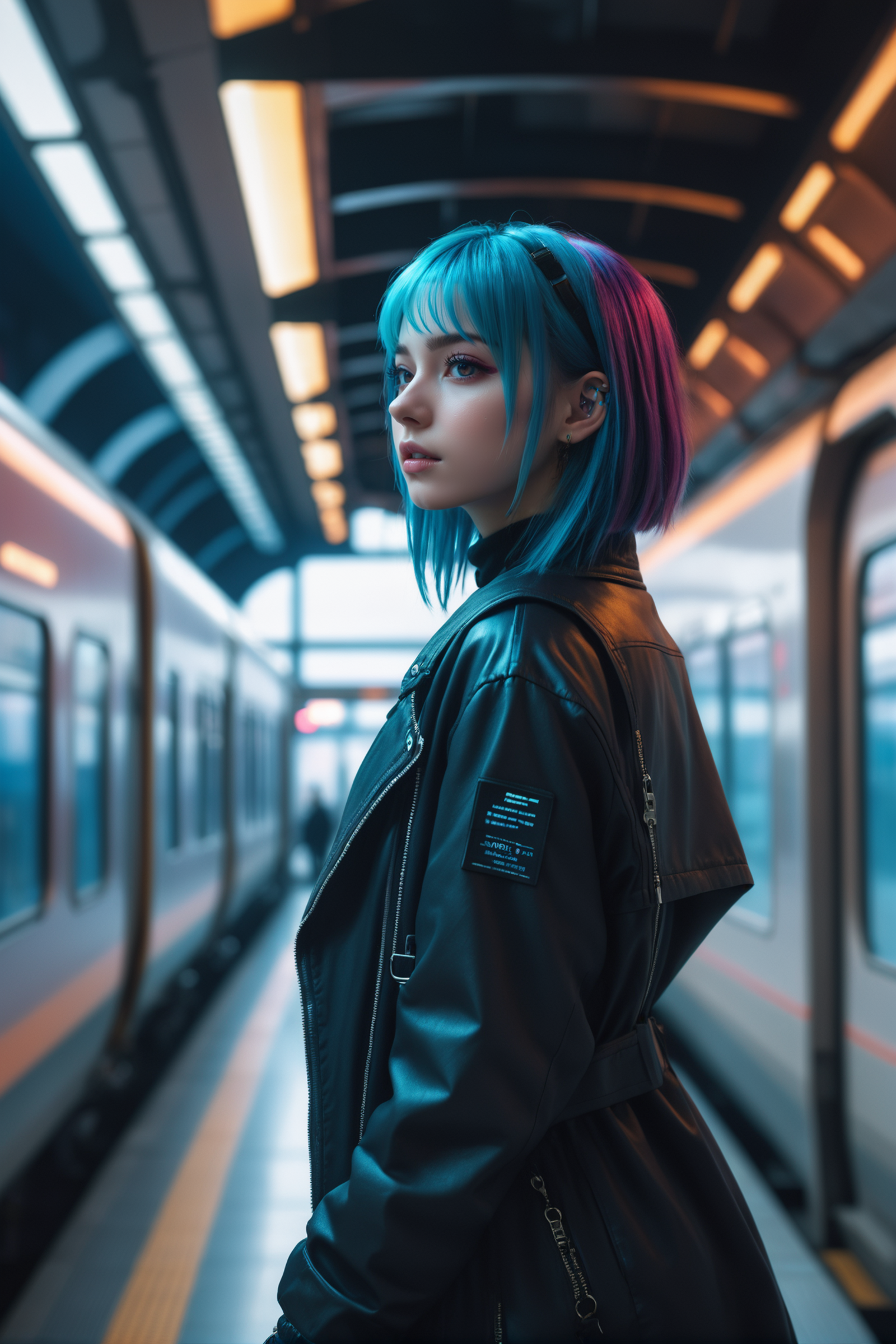 A woman in a black coat is standing in a train station with a purple and blue hair.
